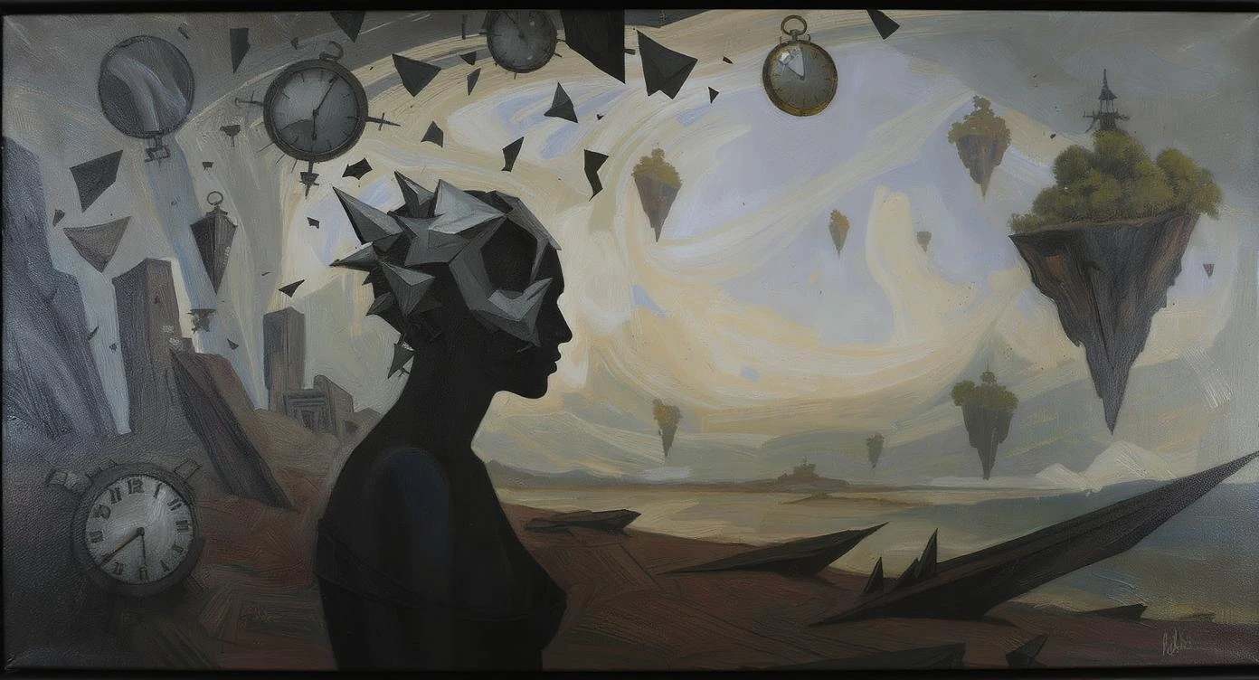 A human silhouette with its head replaced by a floating geometric shape, situated in a distorted, dreamlike landscape, with broken clocks and floating islands in the sky. Non-linear perspective, bizarre juxtapositions, unexpected elements, surrealist art.
