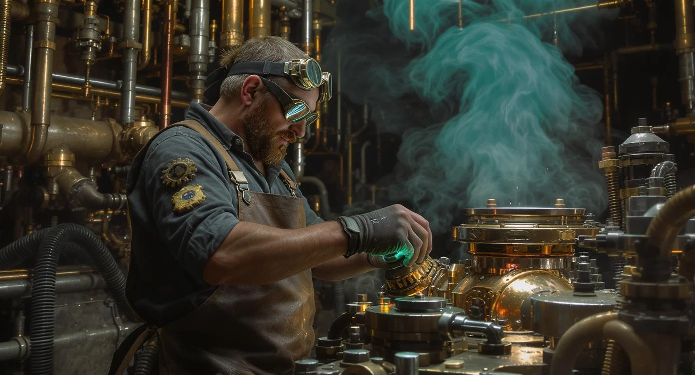 A mechanic with goggles and gear embellishments, wearing a leather apron, repairing intricate machinery in a workshop filled with steam and contraptions, with gleaming metal and pipes in the background. Retro-futurism, metallic sheen, intricately detailed mechanical parts, industrial steampunk aesthetic.