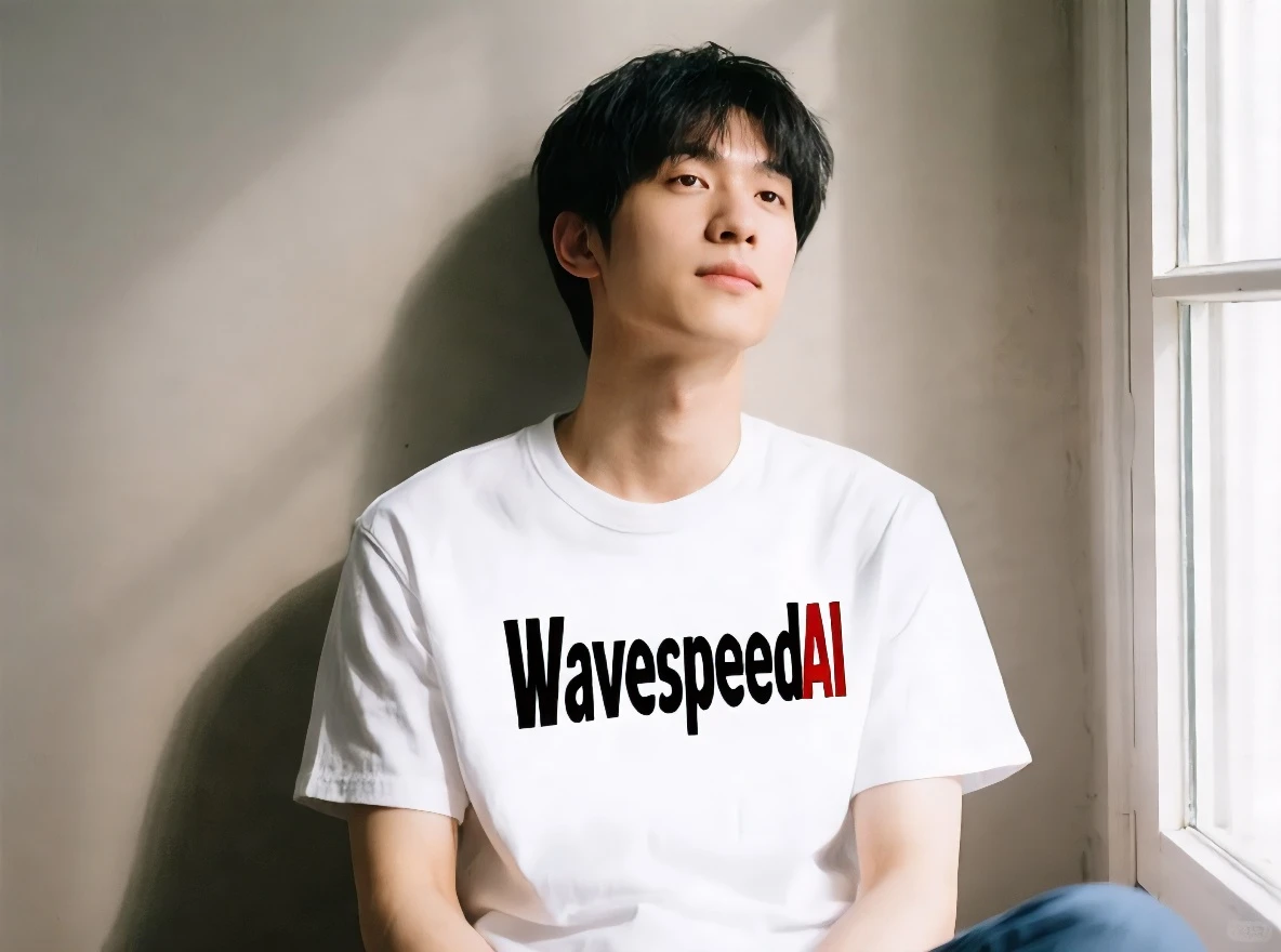 Add the text "WavespeedAI" to the man's clothing