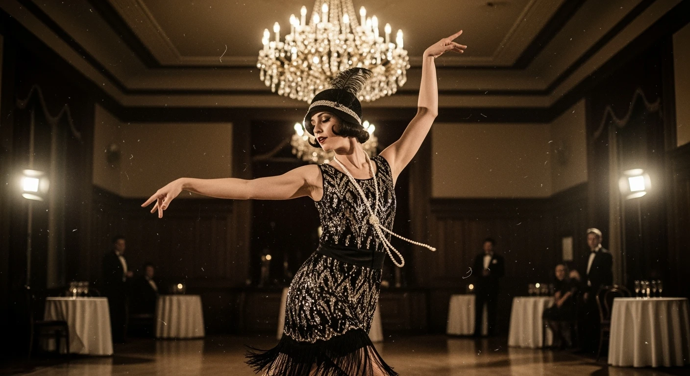 A female dancer in 1920s Jazz Age attire, elegantly performing in a dimly lit ballroom, with the image featuring a vintage film grain effect.