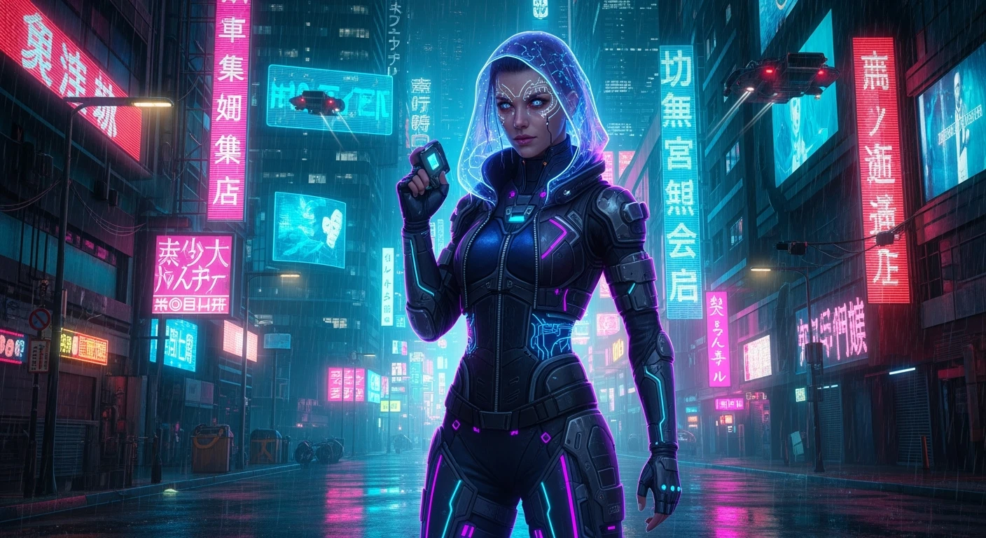 A cyberpunk-style woman in neon-lit attire, standing in a rainy, futuristic cityscape at night. Her skin glows with blue and purple light from the reflections, with towering buildings and flying vehicles in the background.