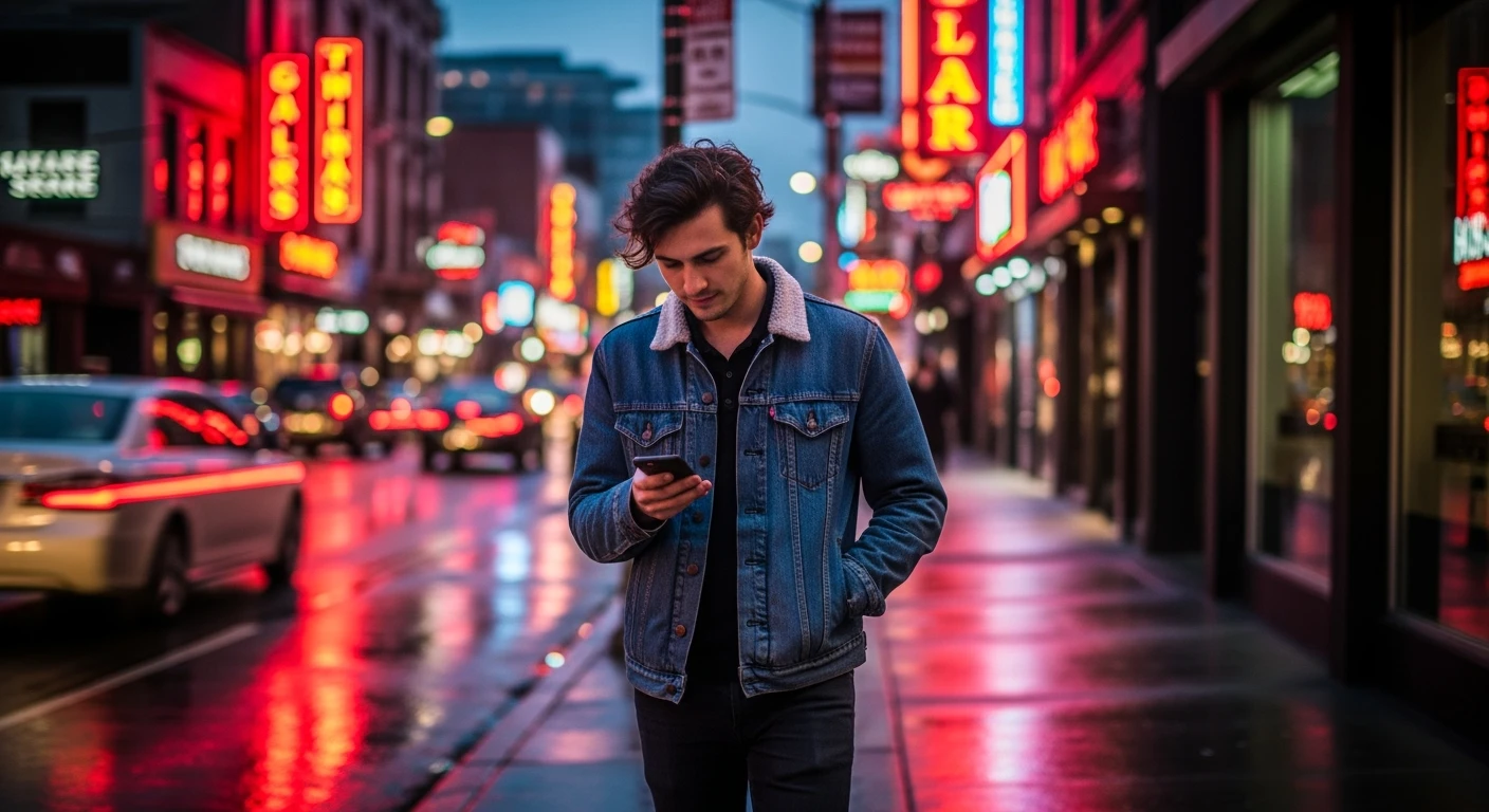 A young man casually checking his phone while walking slowly along a neon-lit city street at dusk. The lights flicker gently as passing cars reflect on the wet pavement. A soft breeze ruffles his hair and clothes, and the camera slowly zooms in with a shallow depth of field.