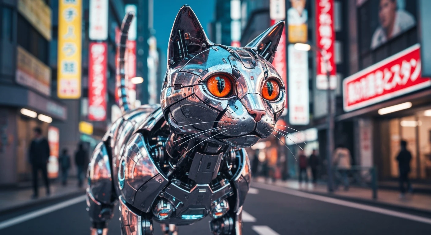 A futuristic robot cat on a neon-lit Tokyo street. Its body is made of shiny metal and transparent panels, with curious eyes. Cyberpunk style, close-up shot, cinematic quality.