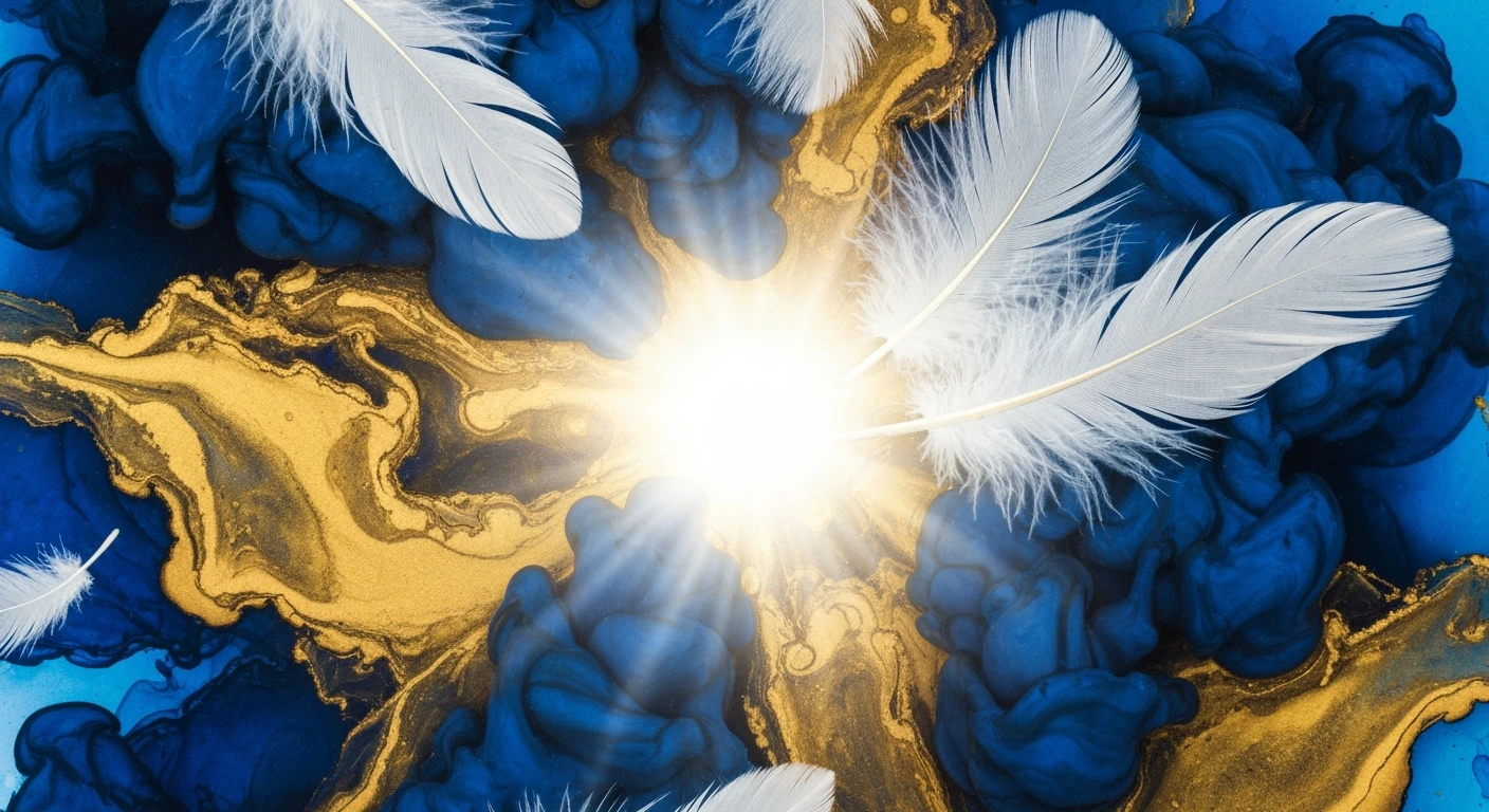 An abstract painting composed of liquid gold, deep blue ink, and white feathers. Flowing textures and shapes, with light radiating from the center, creating a calm and mysterious feeling. Surrealism, close-up shot.