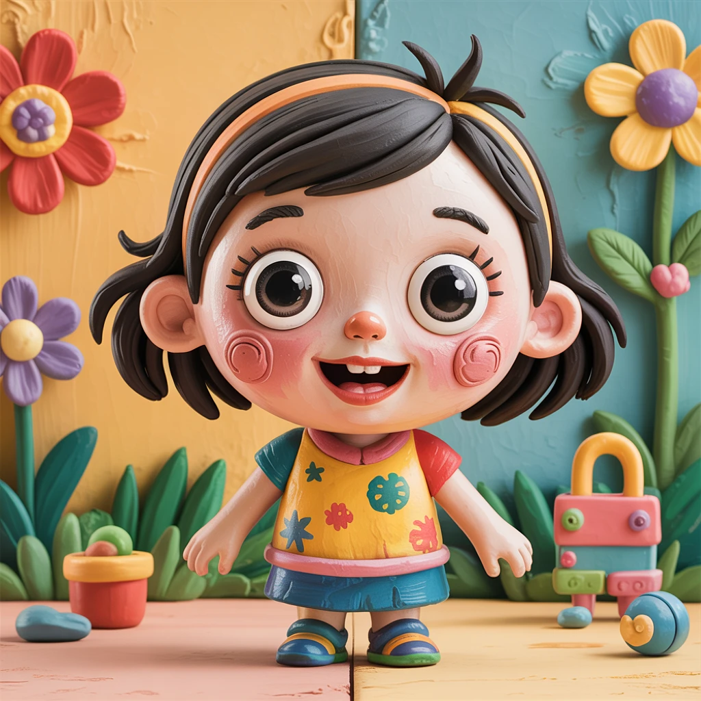 A cute claymation-style little girl with big round eyes and chubby cheeks, textured clay surface with visible fingerprints, simple bright clothing with playful patterns, stop-motion style subtle jitter in movements, pastel color background with hand-crafted props like flowers and toys, slow zoom-in focusing on her cheerful smile, tactile and whimsical vibe, high-quality animated video