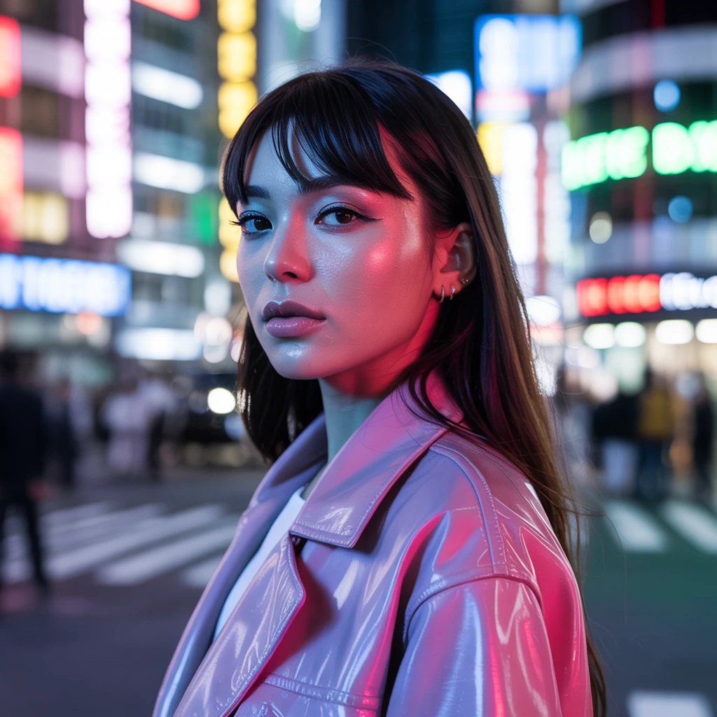 Portrait of a young woman in futuristic streetwear, neon-lit Tokyo background, soft depth of field, glossy skin, high-fashion magazine style, ultra-detailed face, cinematic color grading, shot on a Leica
