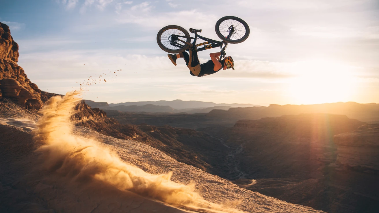 A mid-air shot of a mountain biker performing a backflip over a desert canyon, with dust flying and the golden sun setting behind. High shutter speed, ultra-dynamic, National Geographic sports action style.