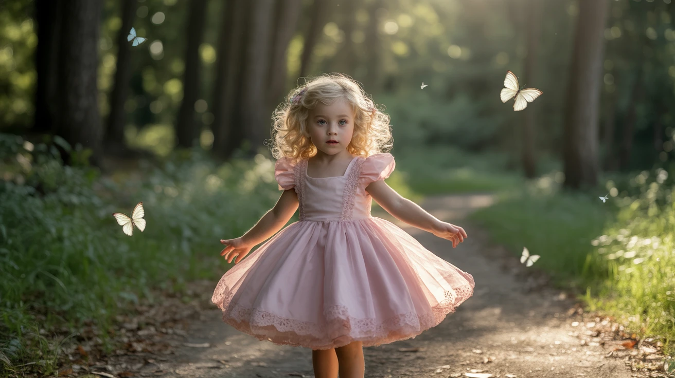 A fairy-tale girl with blonde curls stands on a forest path, her dress twirling slightly in the breeze. Butterflies flutter around as sunlight filters through the trees. The camera slowly zooms in, capturing the magic in her eyes.