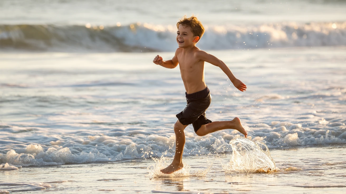 A cheerful boy runs barefoot across the beach, splashing through the shallow waves. The sun is bright, casting long shadows. The camera shakes slightly with his steps, enhancing the energy and joy of the scene.