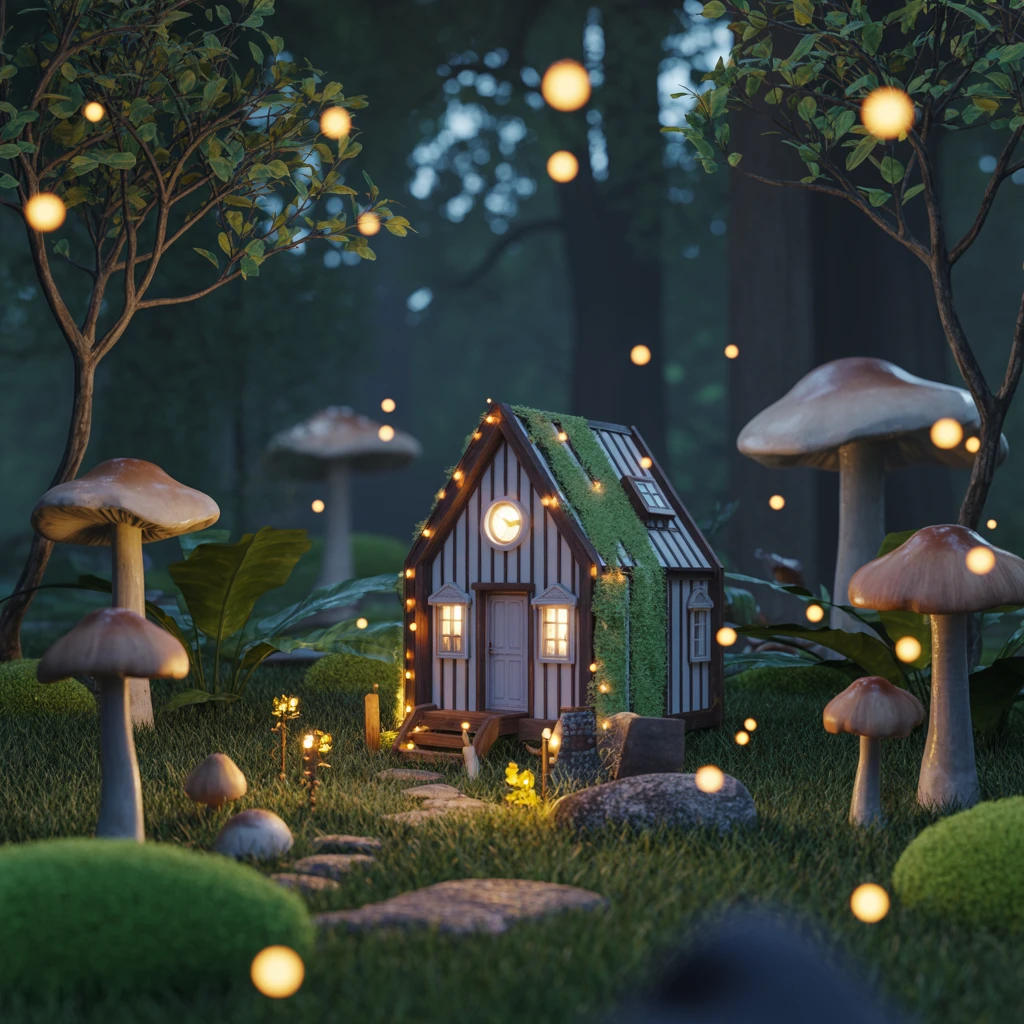 A glowing enchanted forest with floating fireflies, a small cottage with warm lights, surrounded by giant mushrooms and mossy stones, magical atmosphere, soft bokeh, 3D rendered, storybook style