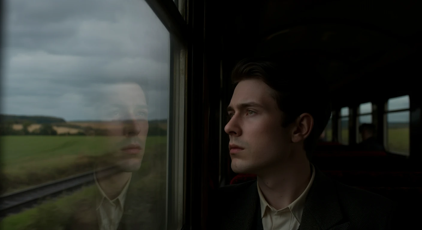 A young man in a vintage suit gazes quietly out the window of a moving train. Fields and hills blur past as the camera stays focused on his reflection in the glass, revealing a sense of longing and quiet introspection.