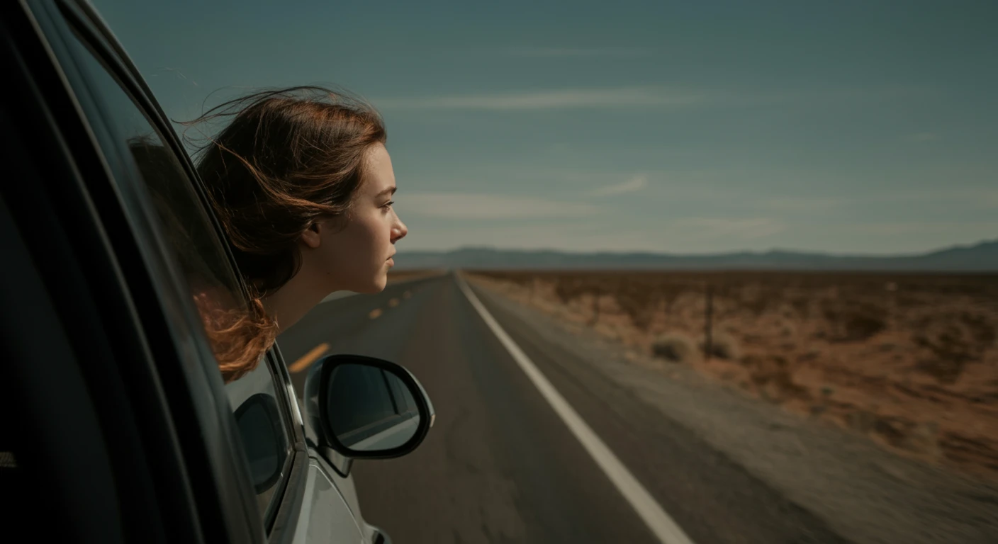 A girl looks out of a car window as the road stretches across an open desert, wind plays with her hair, the camera sits at the passenger-side window, capturing fleeting moments of the passing landscape, dreamy, natural light, subtle camera shake.