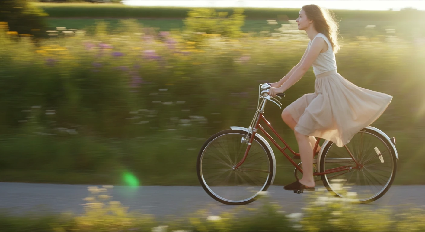 A girl riding a vintage bicycle along a countryside road on a sunny summer day, her skirt fluttering in the breeze, wildflowers bloom along the path, the camera glides beside her at a diagonal angle, sun flares leak through the lens, lighthearted and cinematic realism.