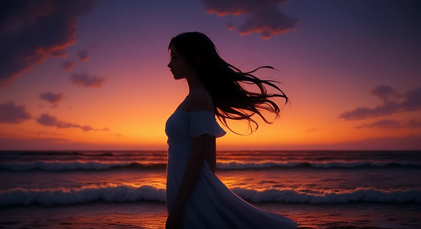 A young woman stands on a beach during sunset, the sky glowing with hues of orange and purple, her silhouette framed against the waves, gentle wind moves her hair and dress, the camera slowly circles around her, hyperrealistic visuals, soft and emotional tone.