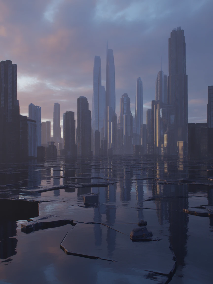 A sprawling futuristic cityscape at dusk, with floating platforms, tall neon-lit skyscrapers, flying cars, moody atmosphere, ultra high detail, cybernetic design, rendered in Unreal Engine style