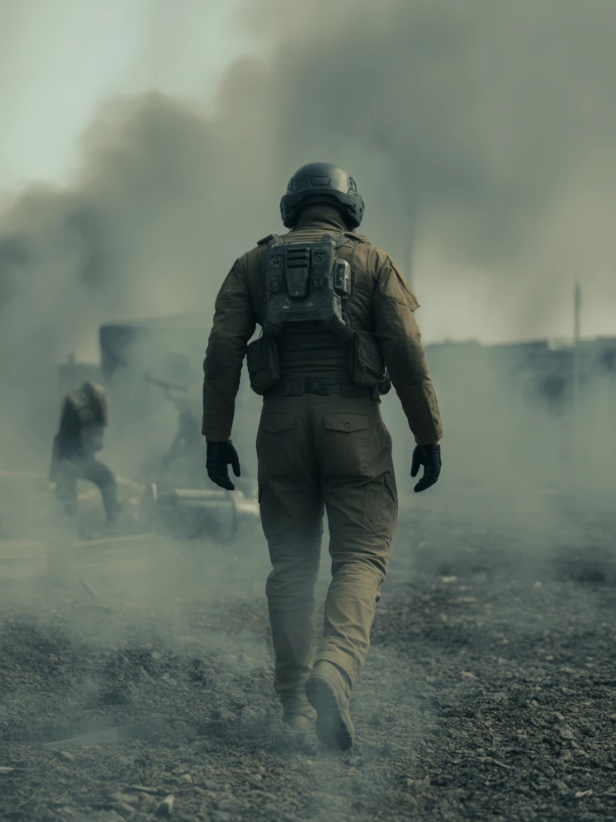 A futuristic soldier walks through a battlefield full of smoke and debris, camera tracking from behind, slight slow motion, strong contrast lighting, high detail, sci-fi cinematic style