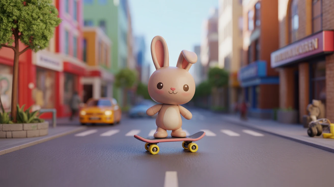 A cute clay-style bunny riding a skateboard through a miniature city, colorful lighting, stop-motion look, playful atmosphere, smooth camera follow, toy-like aesthetic