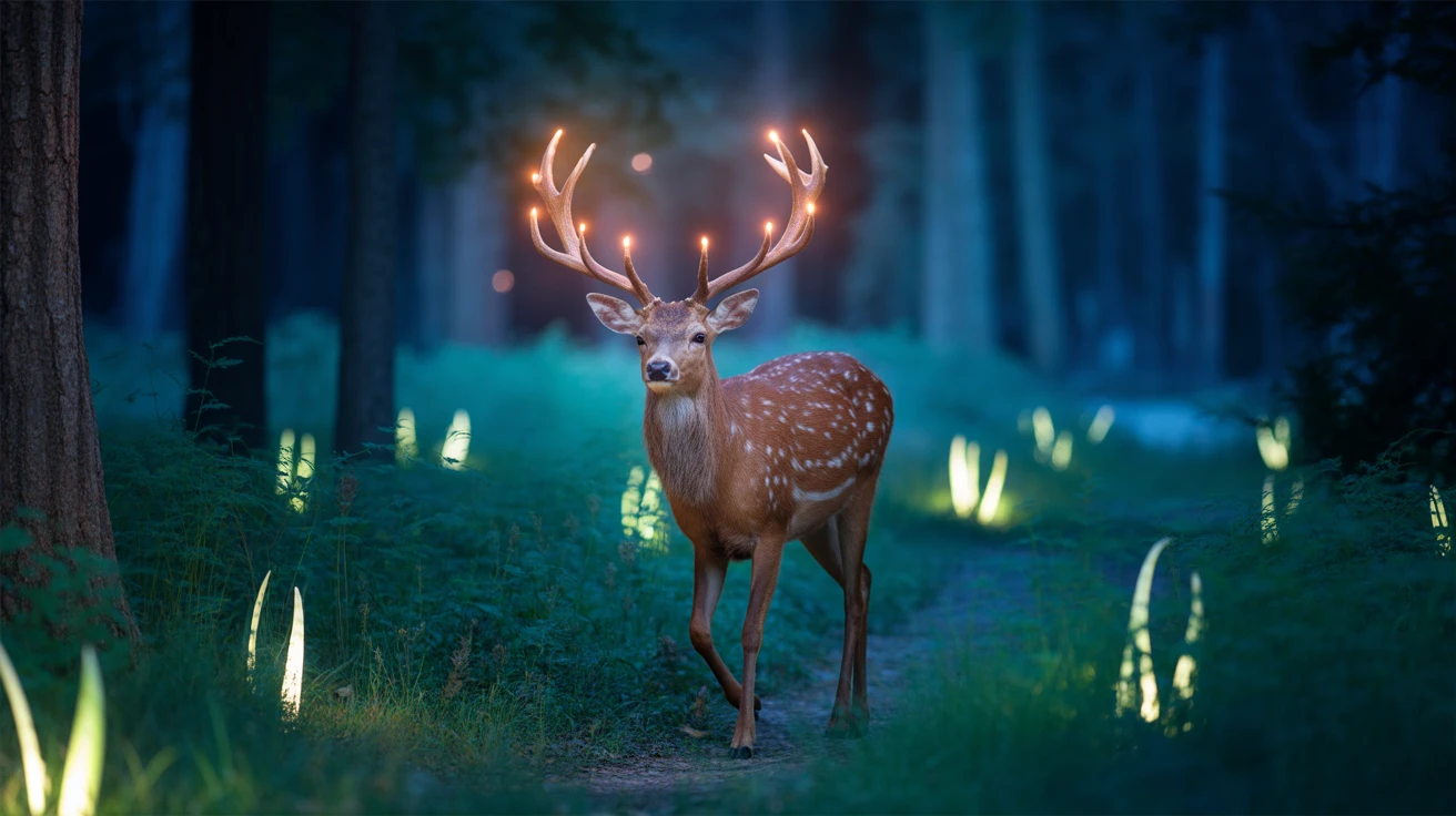 A magical deer with glowing antlers walks through an enchanted forest, bioluminescent plants lighting the scene, dreamy lighting, fantasy world, fairytale-like animation, slow camera zoom