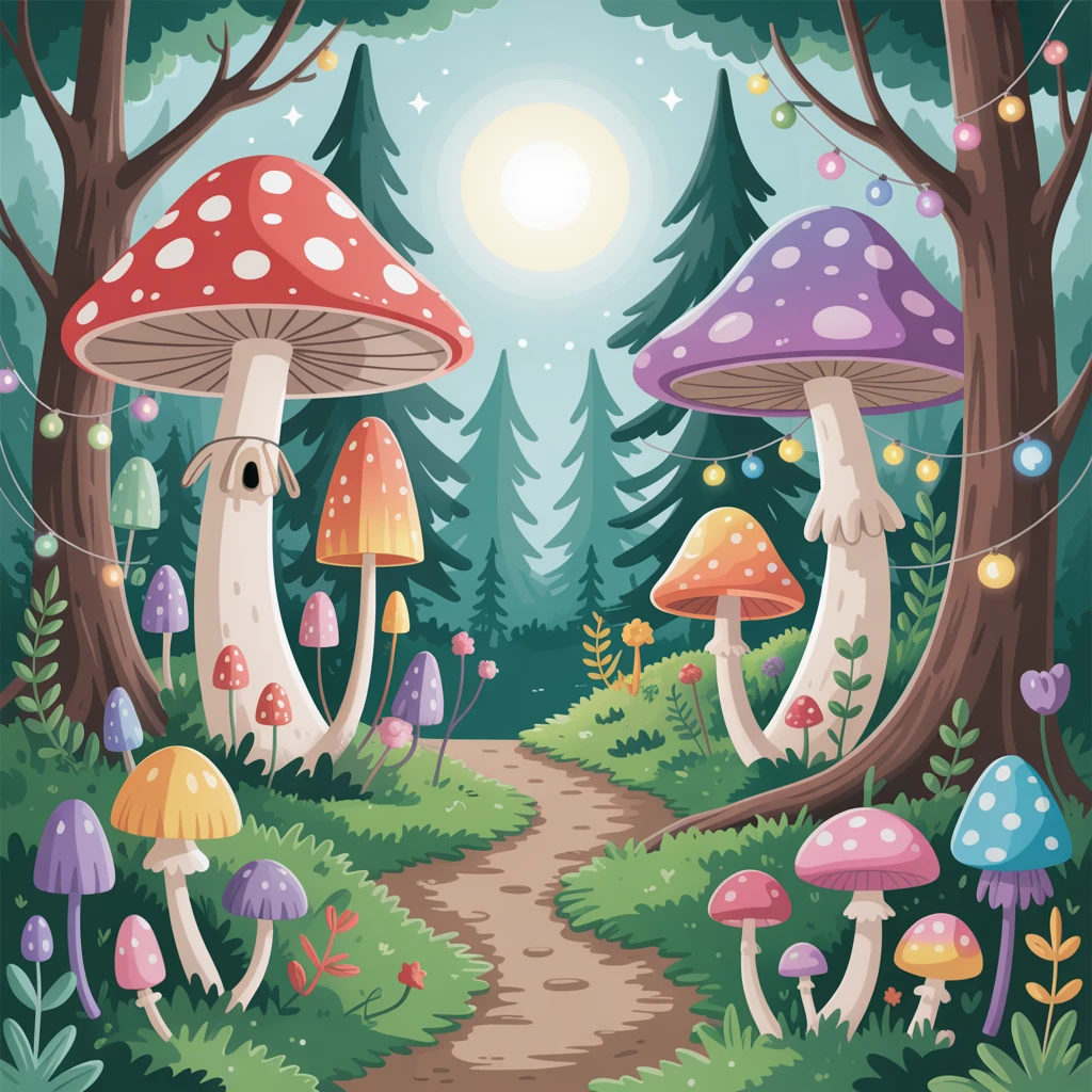 A whimsical forest filled with glowing mushrooms and fairy lights, magical creatures hiding behind trees, dreamy pastel colors, Studio Ghibli-inspired style