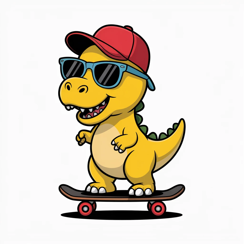 A cute yellow dinosaur wearing sunglasses and a red cap, standing on a skateboard, cartoon style, clean vector lines, white background