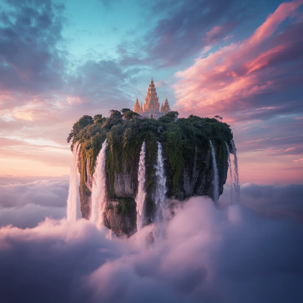 A floating island with waterfalls cascading into the clouds, vibrant sky, magical atmosphere, fantasy
