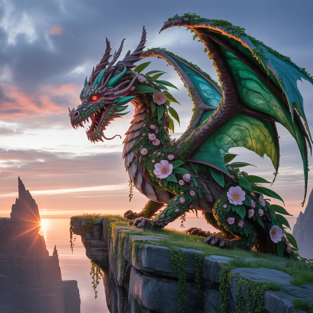 A dragon made of living vines and flowers, glowing eyes, perched on a cliff at sunrise, detailed fantasy concept art