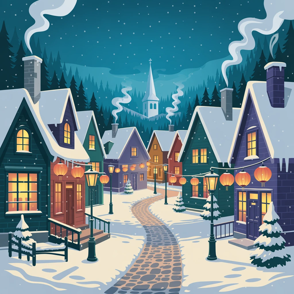 Snowy village at night with glowing lanterns, smoke coming from chimneys, peaceful and nostalgic, semi-realistic illustration