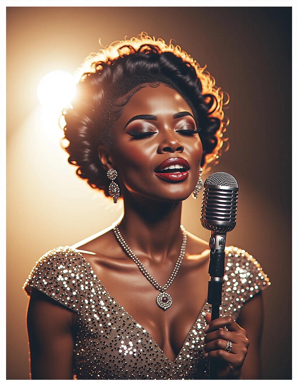 Atmospheric portrait of a stunningly beautiful African American woman in her 30s, singing on stage in a dimly lit, intimate New Orleans jazz club. She has her hair styled in an elegant updo and is wearing a vintage-style sequin dress. Her eyes are closed in soulful expression as she holds a classic microphone. A single warm spotlight illuminates her face, creating a dramatic, high-contrast effect against the dark background. The mood is captivating and emotional, with a slight film grain effect.