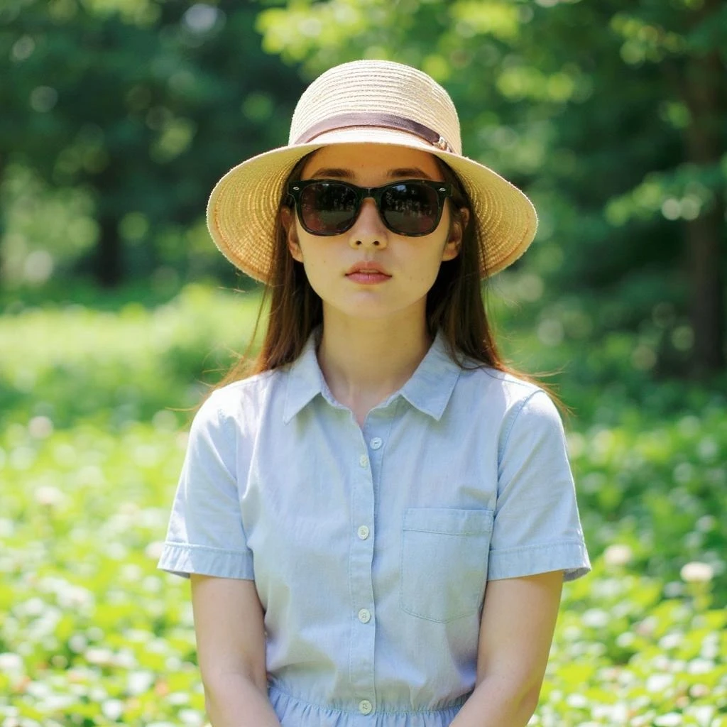 A girl with a hat and sunglasses is in the garden.