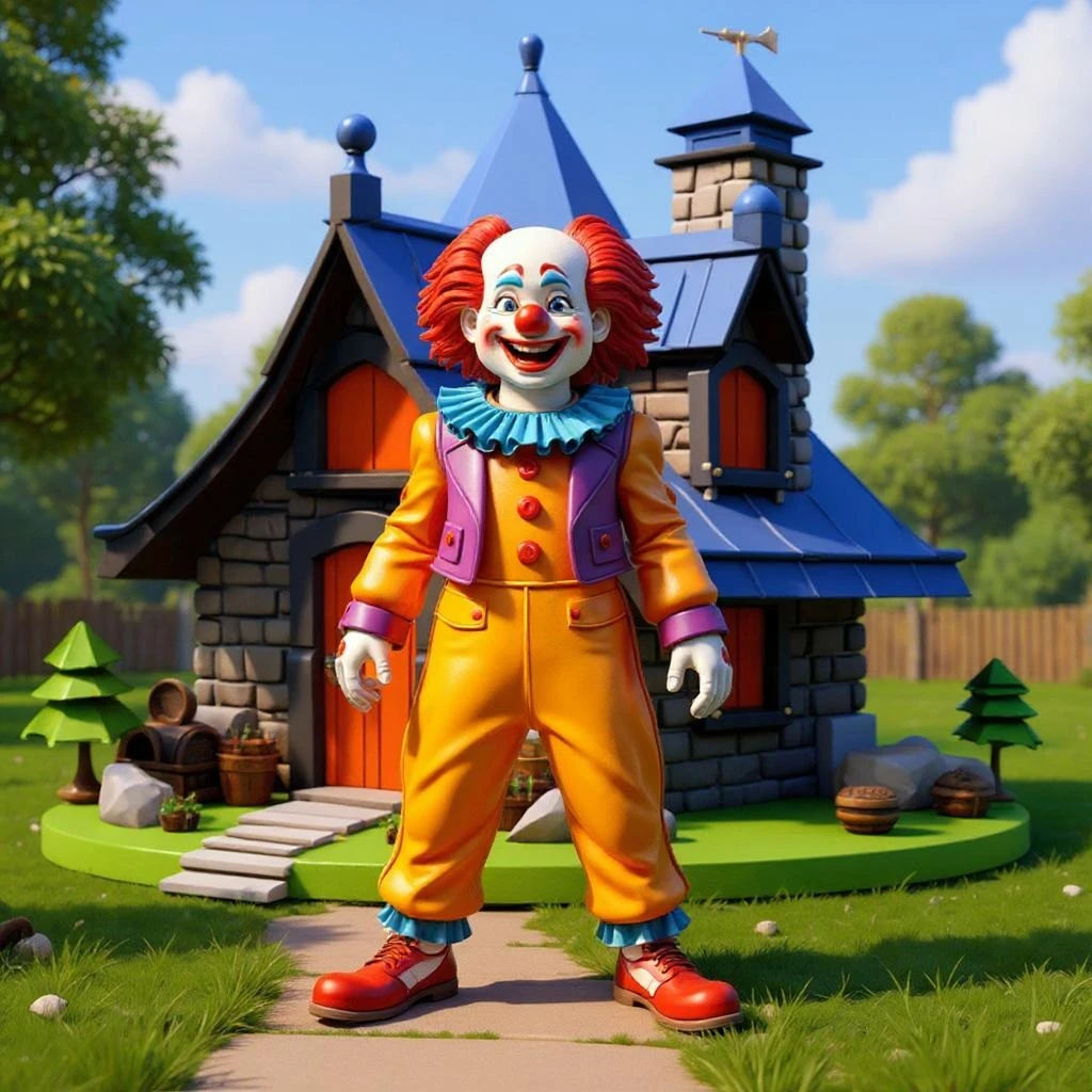 The clown stands in front of the house.