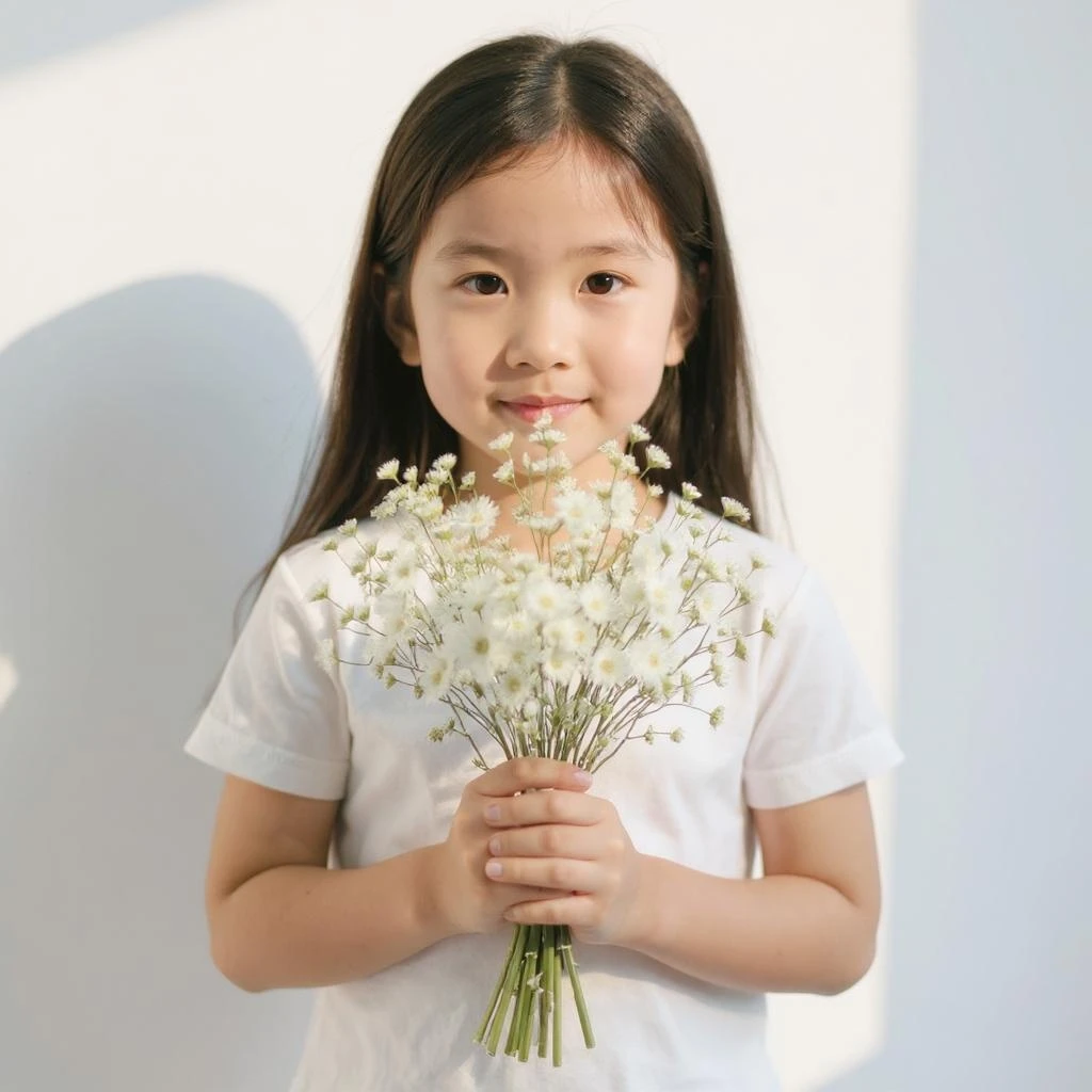Little girl holding flowers in her hands.