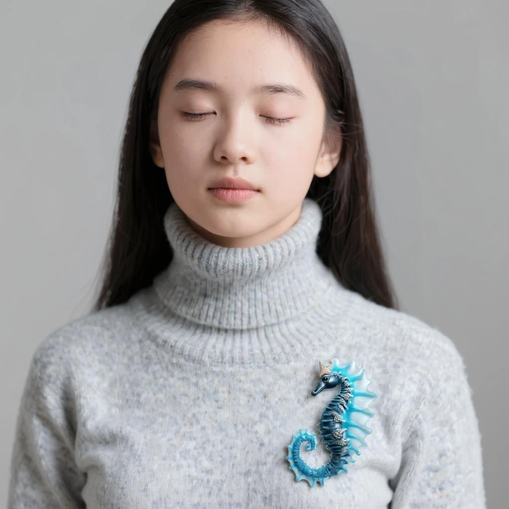 The girl is wearing a hippocampus brooch.