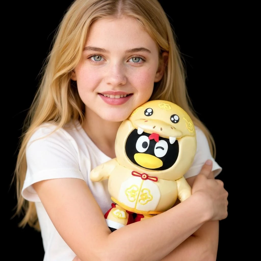 The girl happily hugs the doll.