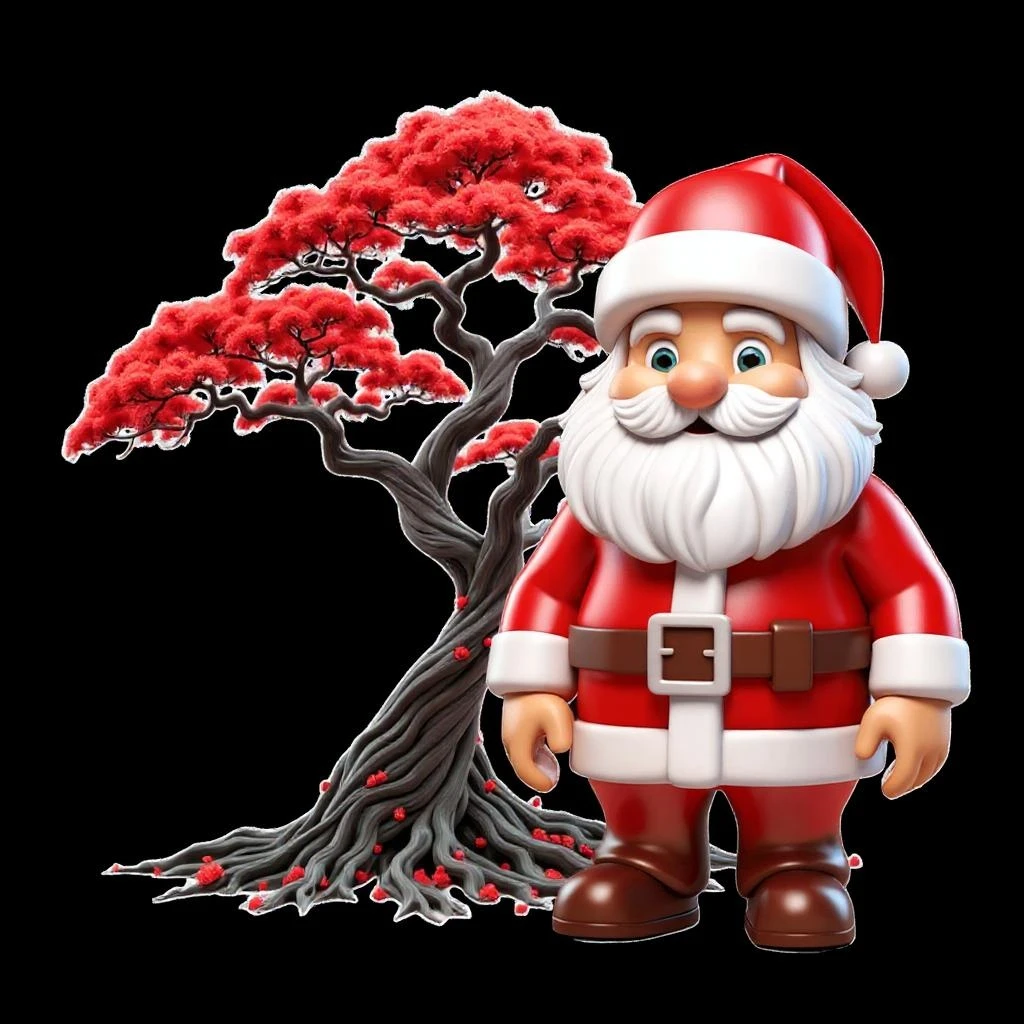 Santa Claus is standing in front of the tree.
