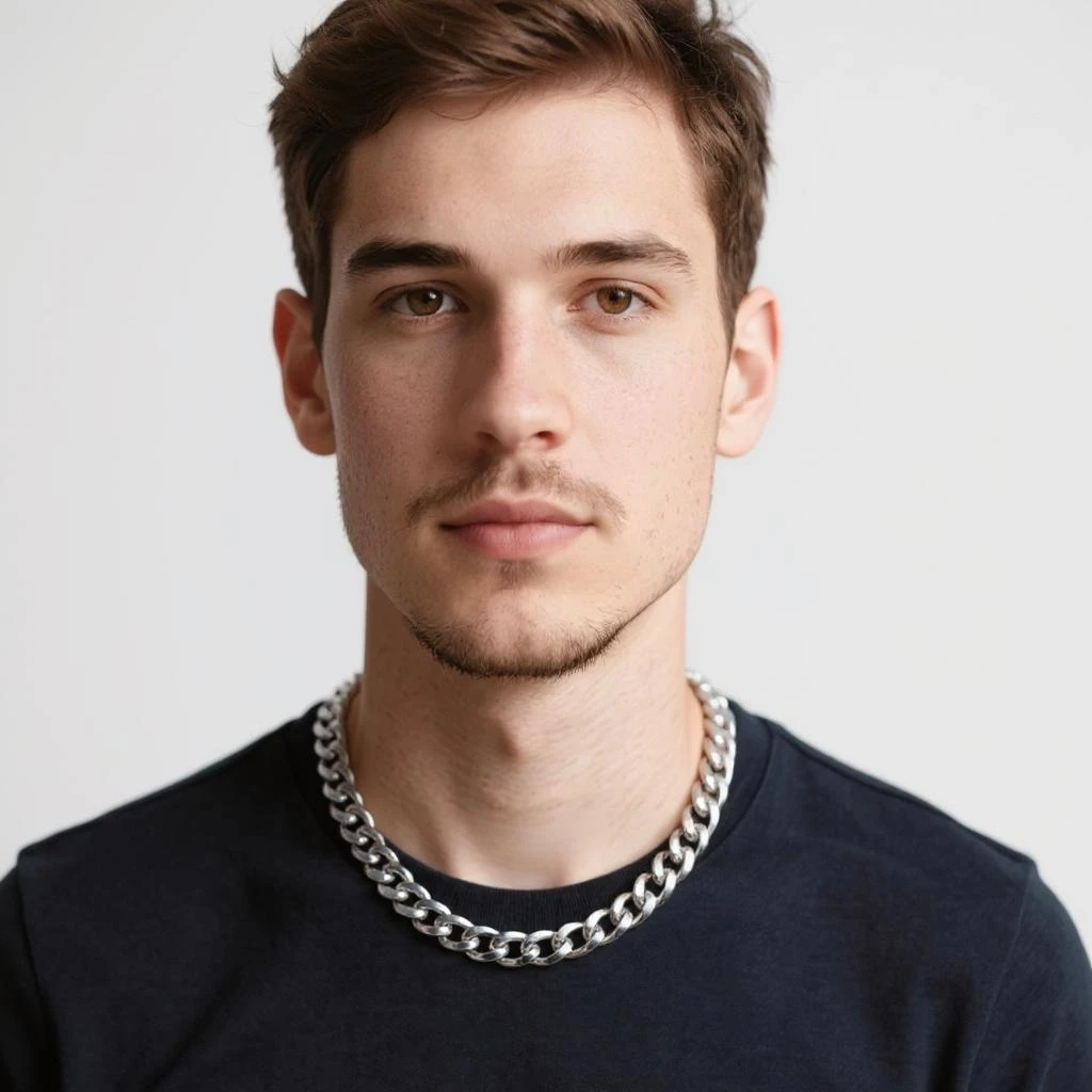 A boy wears a chain around his neck.