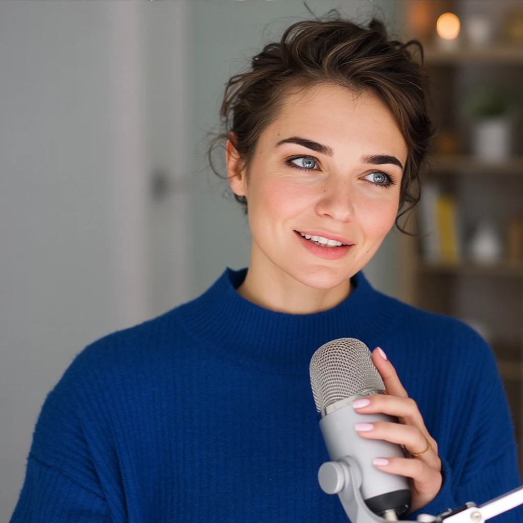 she is hosting a podcast in a blue sweater