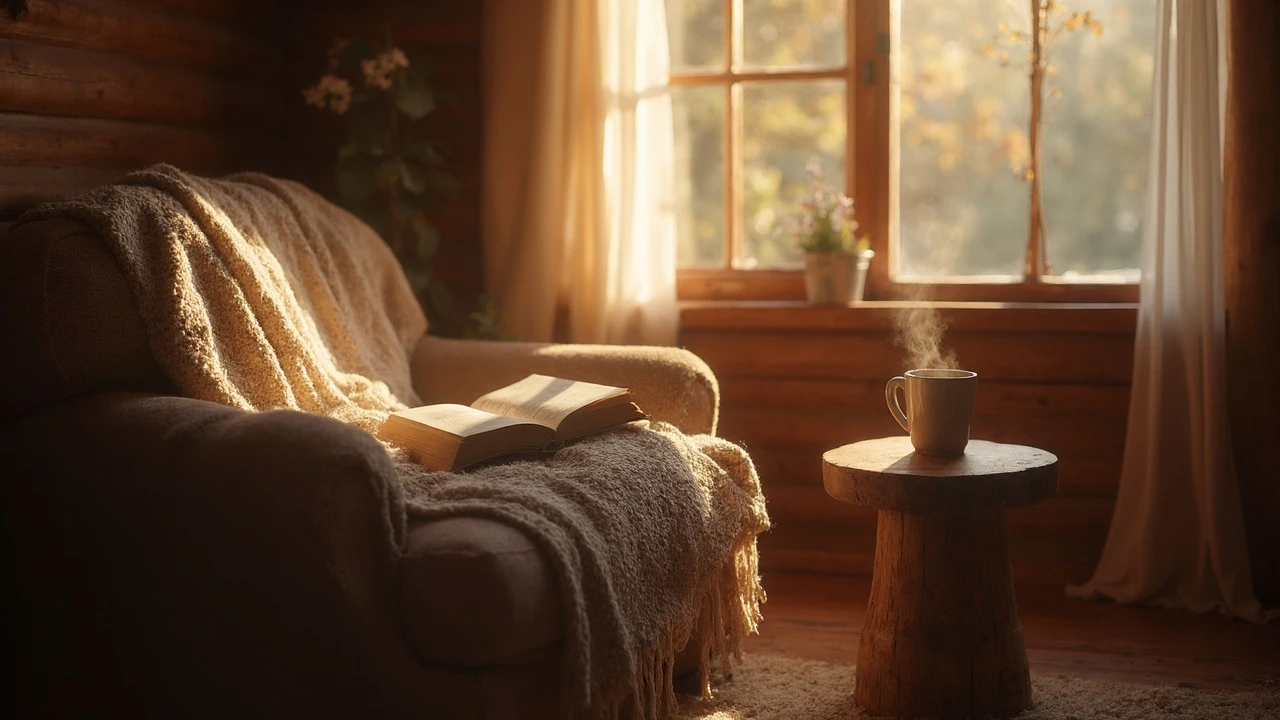 A cozy reading nook in a rustic cabin, a soft blanket draped over an armchair, a steaming mug of coffee on a wooden stool, morning sunlight streaming through the window, peaceful and serene atmosphere, photorealistic, warm tones.