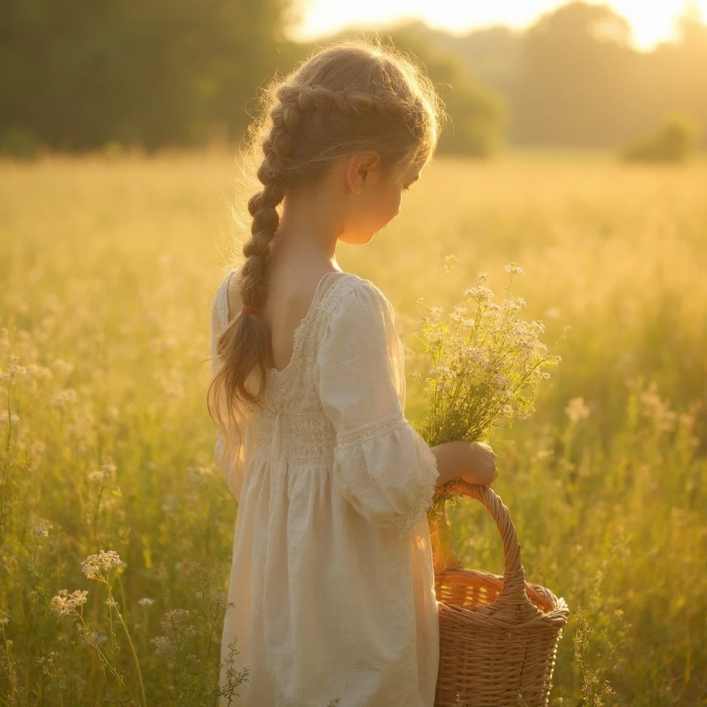 A young woman with braided hair, wearing a linen dress, picking wildflowers in a sun-drenched meadow, a wicker basket in her hand, impressionistic style, soft focus, golden hour lighting.
