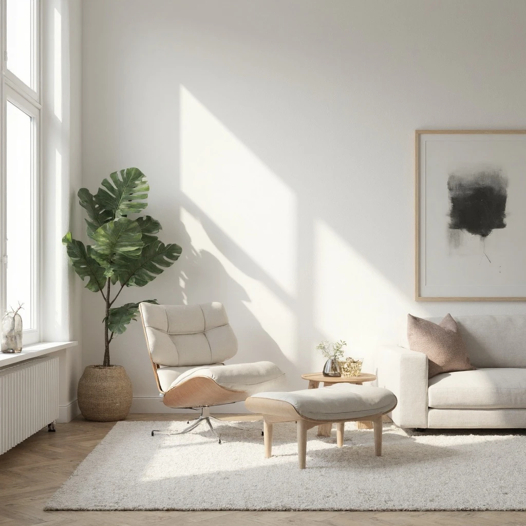 Minimalist apartment living room in Scandinavia, clean lines, neutral color palette with a pop of green from a monstera plant, soft diffused light from a large window, Eames lounge chair, realistic 3D render, tranquil.