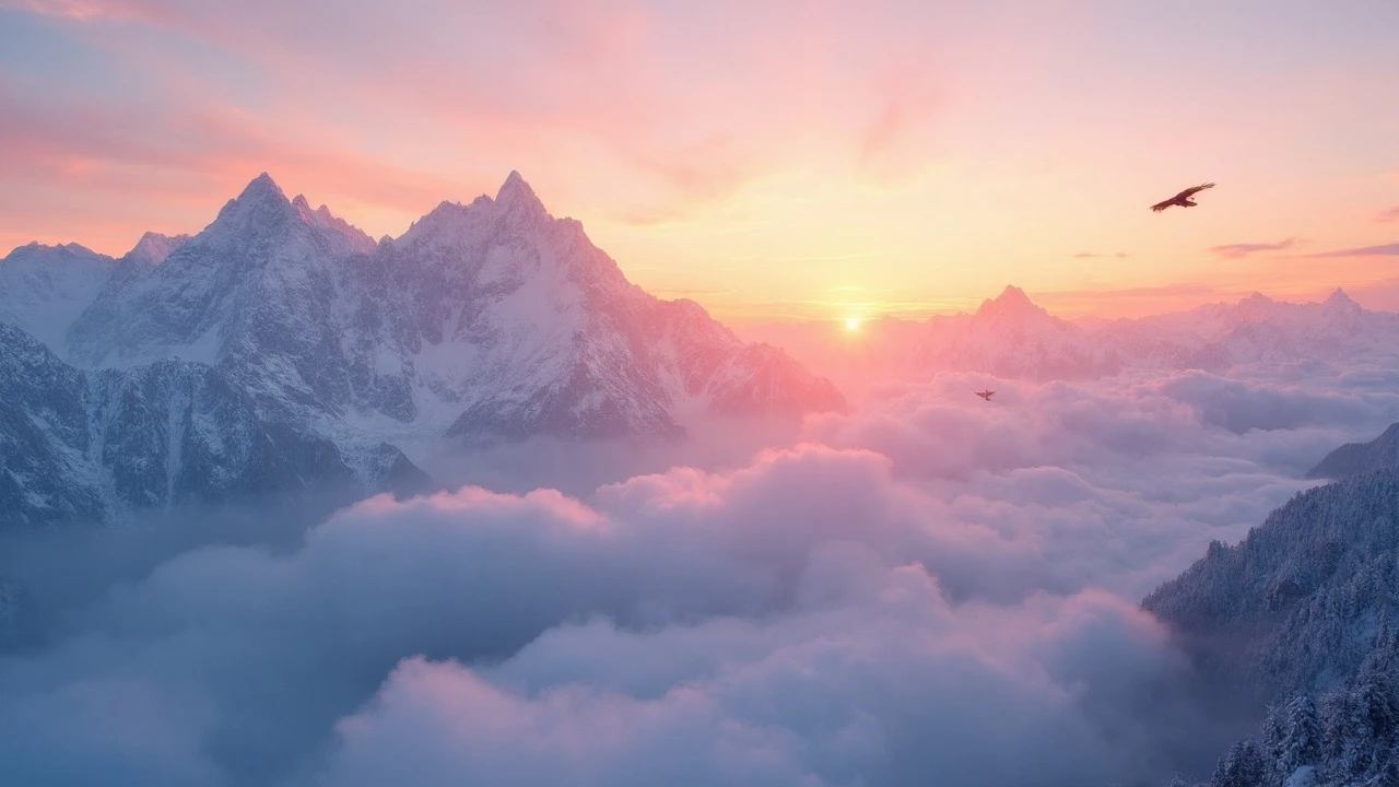 Epic cinematic wide shot of the Swiss Alps at sunrise, jagged snow-capped peaks breaking through a sea of low-hanging clouds, vibrant alpenglow painting the sky in hues of orange and pink, a lone eagle soaring, hyperrealistic, 8K, breathtaking.