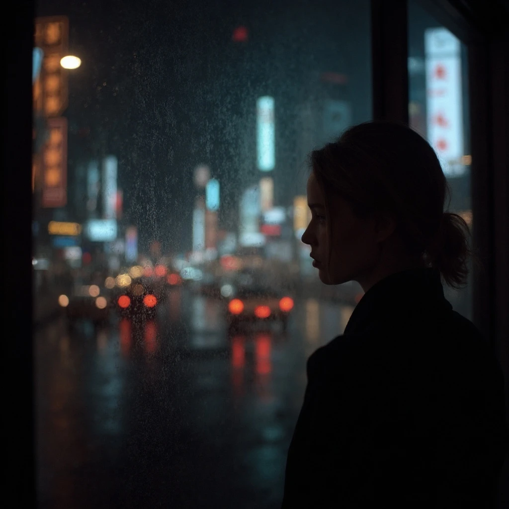 A portrait of a pensive woman looking out a rain-streaked window at a bustling city street at night, neon signs reflecting on the glass, moody, Blade Runner aesthetic, shallow depth of field, bokeh lights.