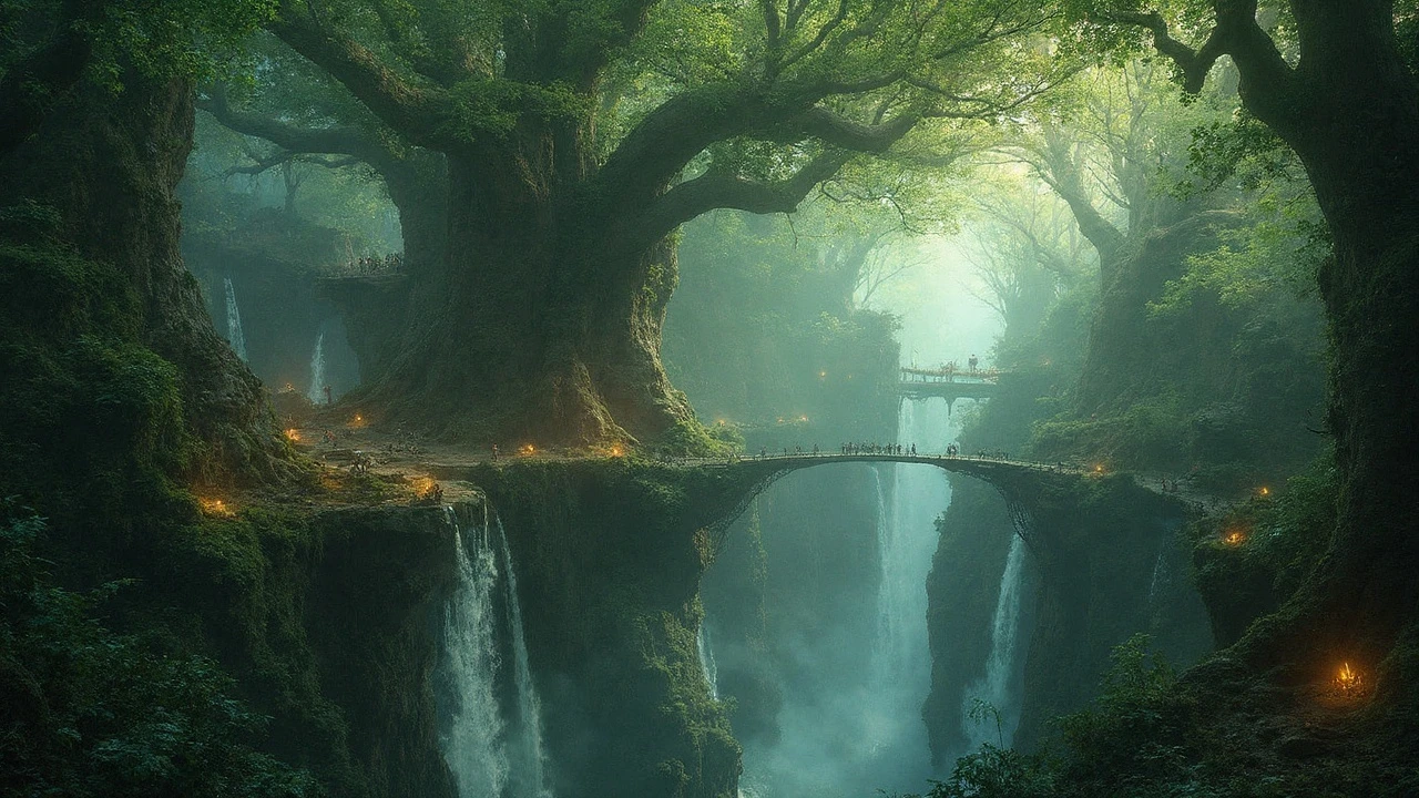 A sprawling, mystical elven city built into giant, ancient trees, connected by glowing rope bridges, waterfalls cascading down, ethereal light, high fantasy concept art, hyper-detailed, Lord of the Rings aesthetic.