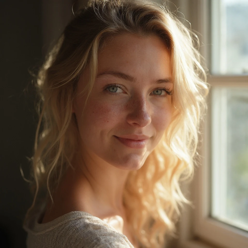 ultra realistic photo, a beautiful young woman with freckles and messy blonde hair, soft natural light filtering through a window, gentle smile, detailed skin texture, shallow depth of field, 8k, photorealistic