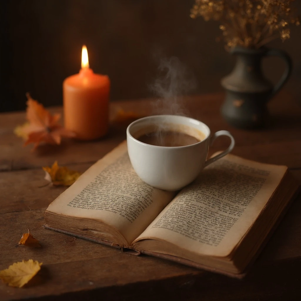 cozy and rustic still life, a steaming cup of coffee on a wooden table, an open book with worn pages, a lit candle casting a warm glow, autumn leaves scattered around, soft focus, warm and inviting atmosphere, hyper-detailed