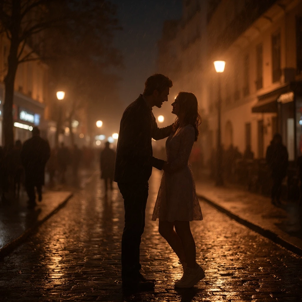 cinematic film still from a romantic movie, a couple dancing in the rain on a Parisian street at night, warm glow from the streetlights, reflections on the wet cobblestone, joyful expressions, shallow depth of field, anamorphic lens flare, moody and atmospheric, photorealistic, 8k