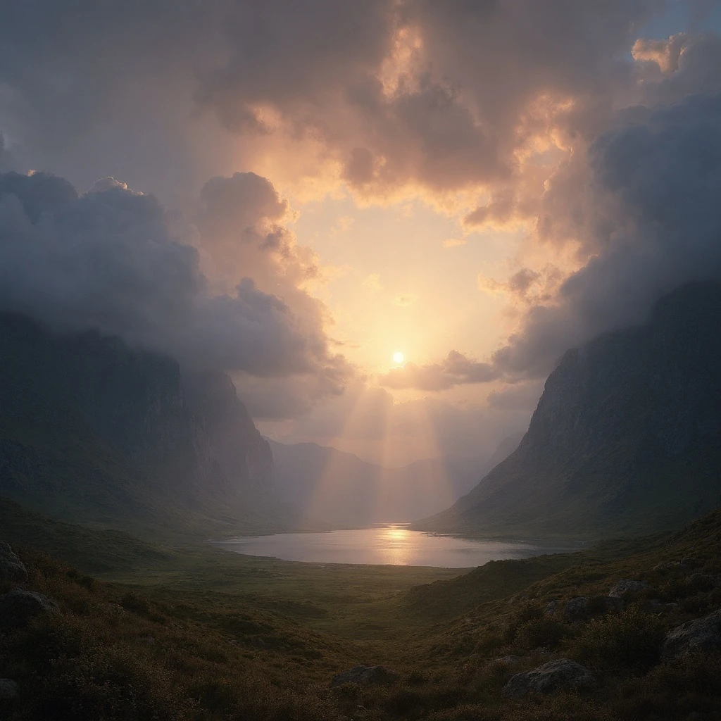 epic landscape painting of the Scottish Highlands, a dramatic storm clearing at sunset, sunbeams breaking through dark clouds over a vast, misty valley with a serene loch, hyper-detailed, powerful and majestic, style of Albert Bierstadt, digital painting