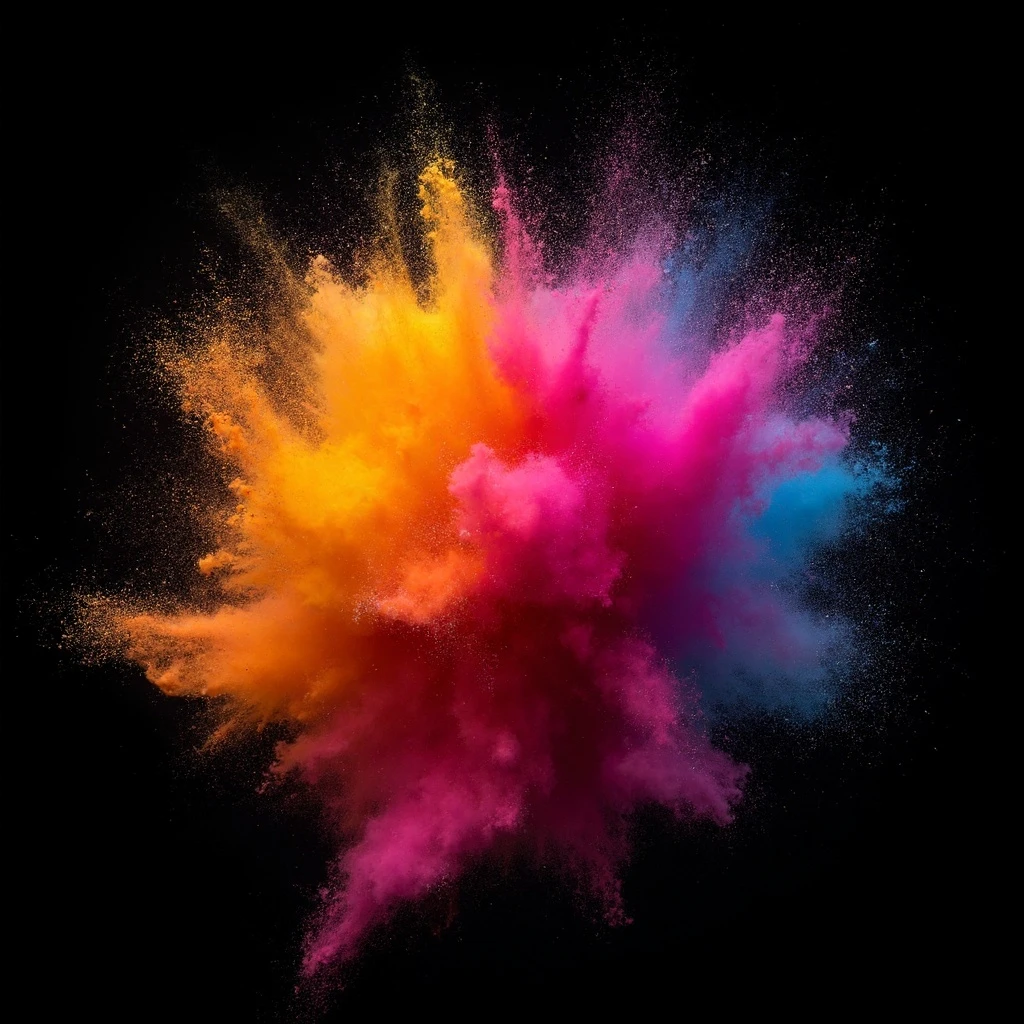 An explosive burst of colorful powder paint captured in mid-air against a stark black background, dynamic motion, high-speed photography, abstract art, vibrant and energetic, macro details.