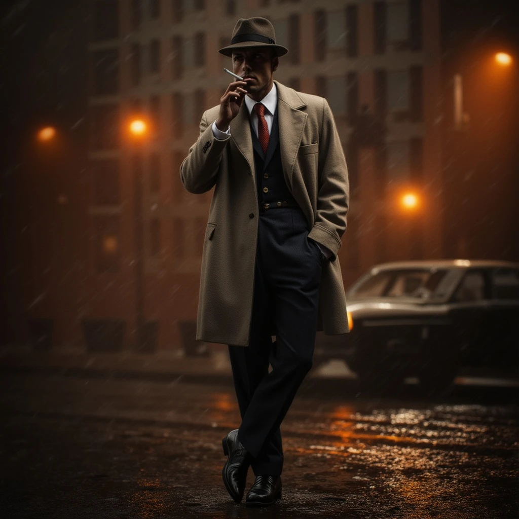 Realistic full-body shot of a detective in a classic 1940s outfit, wearing a fedora and trench coat, cigarette in mouth, standing beside a vintage car in a rain-soaked alley, warm orange streetlights casting dramatic shadows