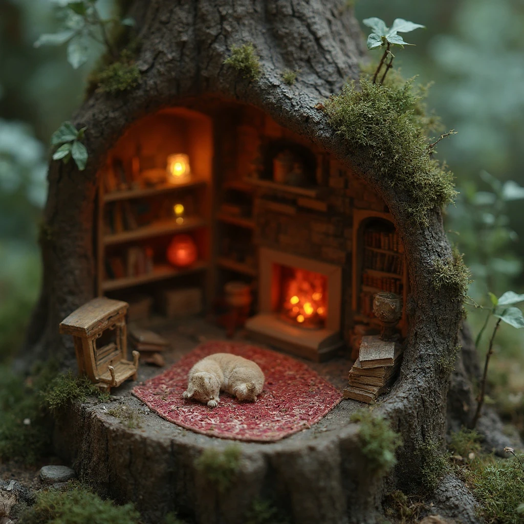 isometric diorama of a cozy witch's library in a hollow tree stump, tiny glowing potions on shelves, a miniature fireplace, a cat sleeping on a stack of books, magical and intricate details, tilt-shift effect, 3d render