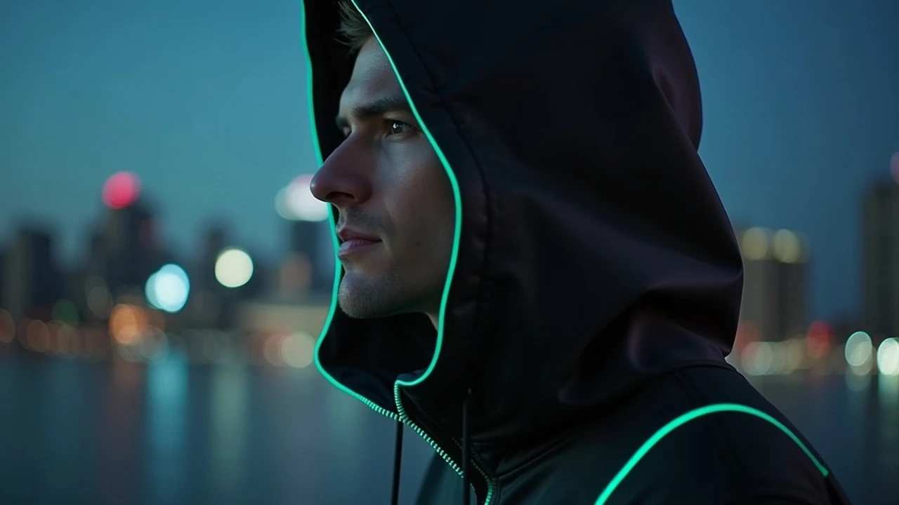 a man, double exposure effect, his portrait blended with a cityscape at night